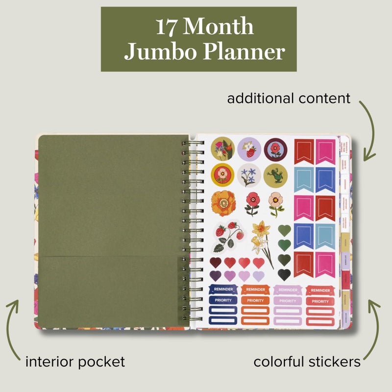 Vera Bradley 2025-2026 Jumbo Planner Daily Weekly & Monthly, 17 Month Hardcover Agenda Dated Aug 2025-Dec 2026, Cute Planner with Stickers, Pockets, & Spiral Binding, Meadow Bouquet Seedpearl - Image 3